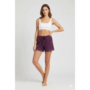 Düz Renk Mini Çiçek Desenli Penye Kadın Ev Şortu Bacak Dantel Detaylı Ev Giyim Gül Kurusu