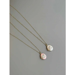 İncili Etnik Desen Kapaklı Kolye - Pembe