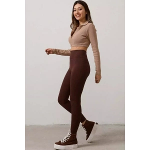 Kahverengi Yüksek Bel Fitilli Kadın Tayt Yazlık 2001