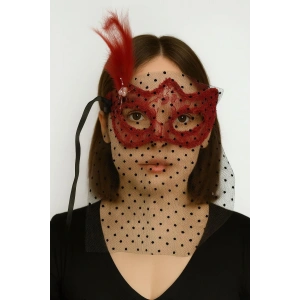 Kırmızı Renk Dantelli Duvaklı İncili Parti Maskesi Balo