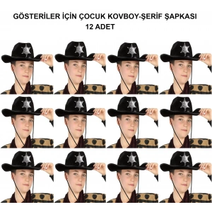 Kovboy Şerif Şapkası Siyah 12 Adet - Kostüm, Parti Ve Gösteri Şapkası