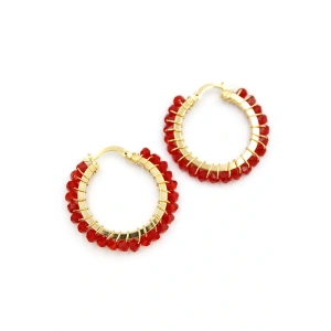 Kristal Boncuk Halka Küpe - Kırmızı