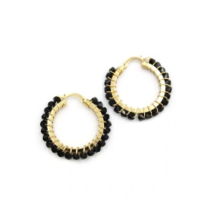 Kristal Boncuk Halka Küpe - Siyah