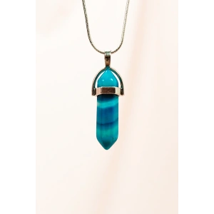 Mavi Akik Doğal Taşı Zincirli El Yapımı Tasarımlı Kolye Uç: 3,5 cm Zincir: 20 cm Kutulu