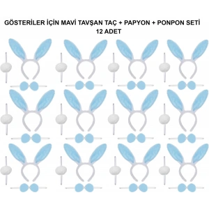Mavi Tavşan Kostüm Seti – Taç, Papyon, Ponpon (12’li Paket)