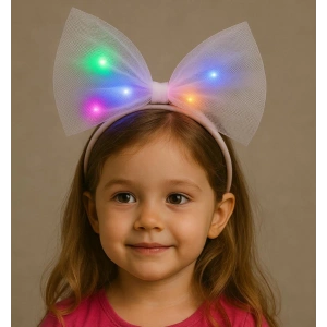 Rengarenk Led Işıklı Fiyonk Şekilli Tül Parti Tacı Beyaz Renk 25x25 Cm