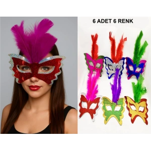 Renkli Parti Maskesi 6&#39;lı | Tüylü Karton Maske Seti (lastikli)