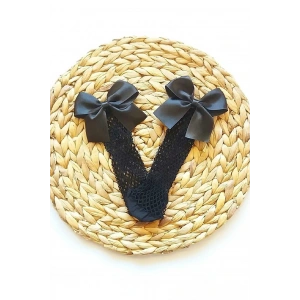 Siyah Fileli Diz Altı Fiyonklu Kız Çocuk Çorap