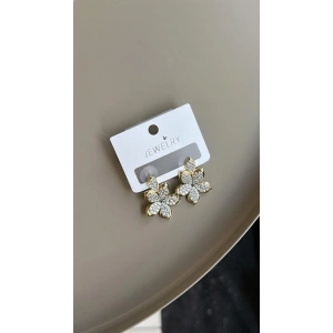 Taşlı Çiçek Küpe - Altın