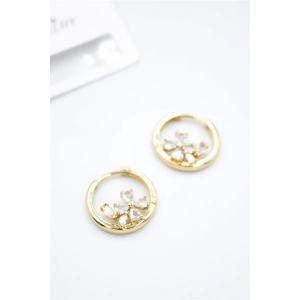 Taşlı Çiçek Küpe - Altın