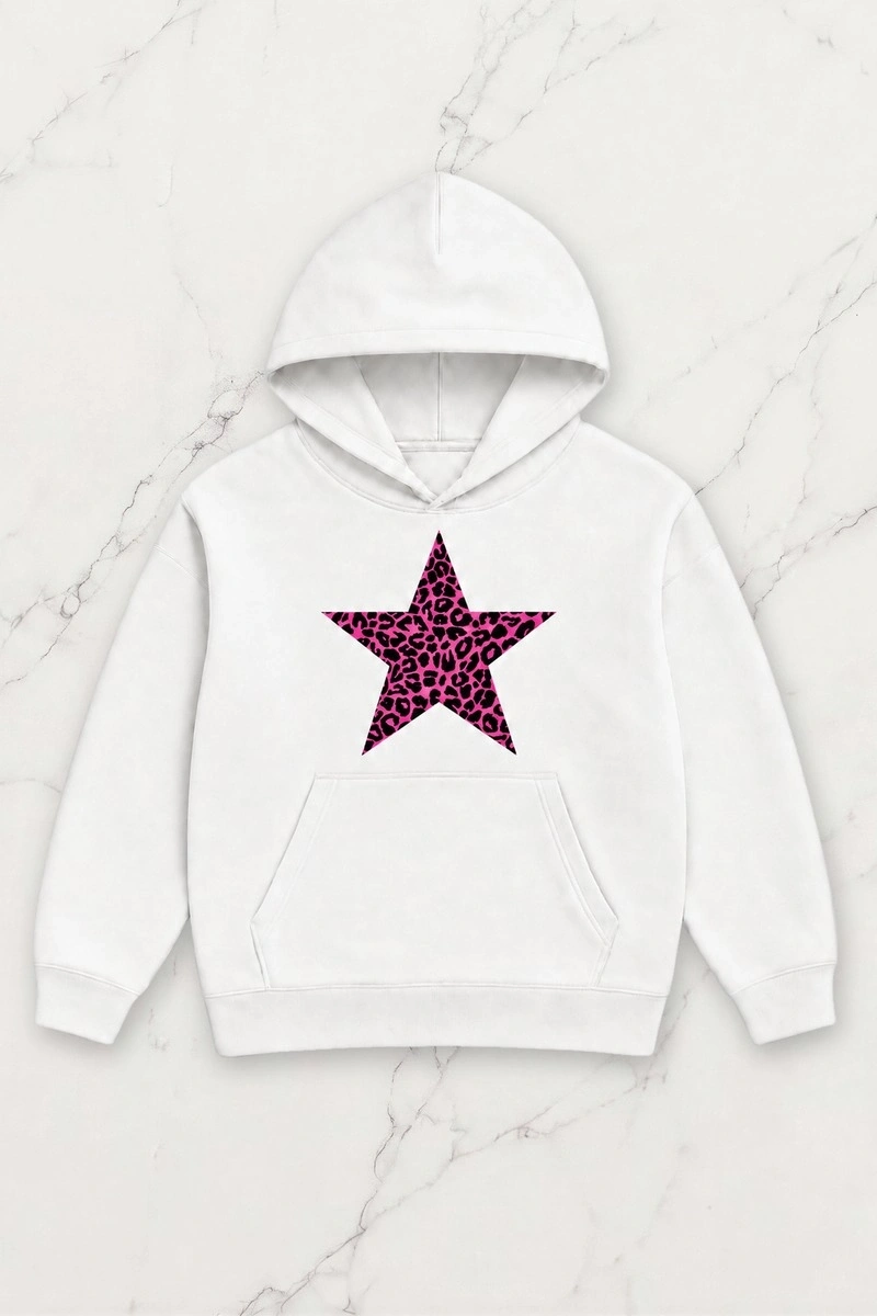 Leopard Star Oversize Kapüşonlu Sweatshirt - Beyaz