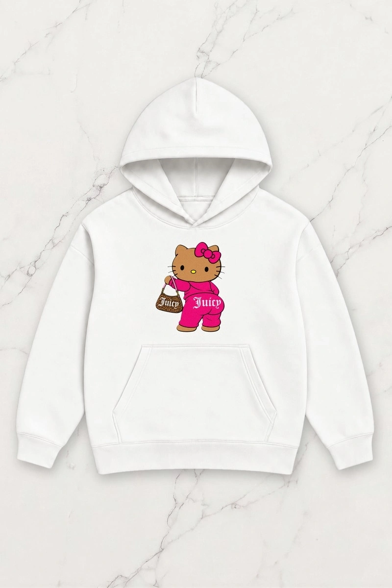 Pink Kitty Oversize Kapüşonlu Sweatshirt - Beyaz