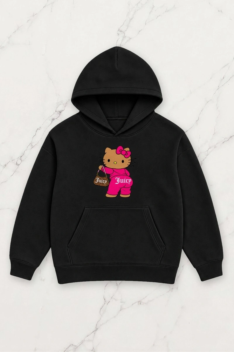 Pink Kitty Oversize Kapüşonlu Sweatshirt - Siyah