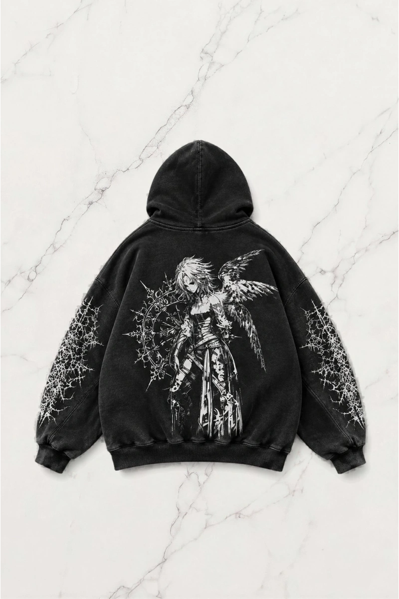 Thinking Angel Gothic Kapüşonlu Sweatshirt - Siyah