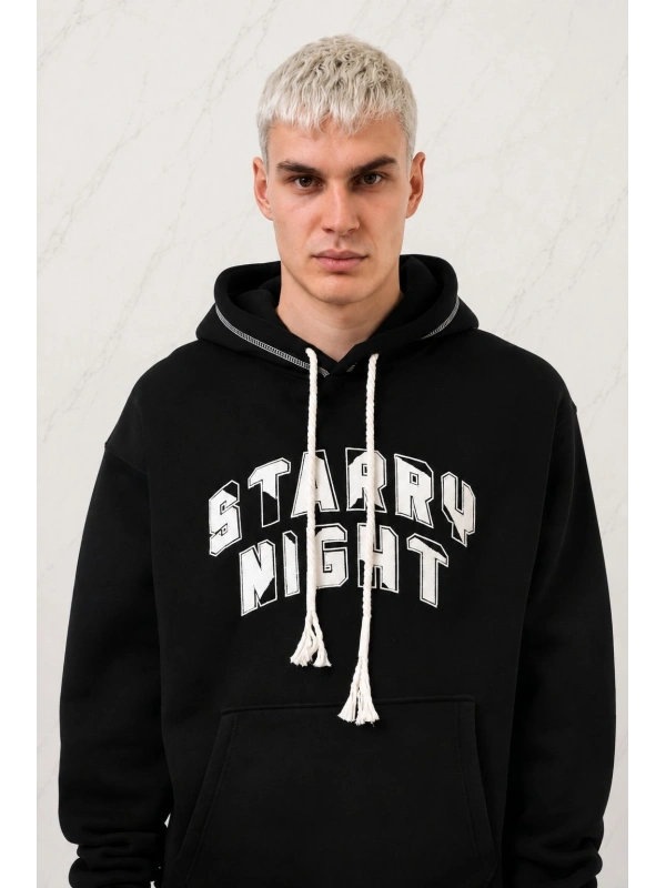 3 İplik Şardonlu Star Nıght Siyah Nakışlı Oversize Kapüşonlu Sweatshirt