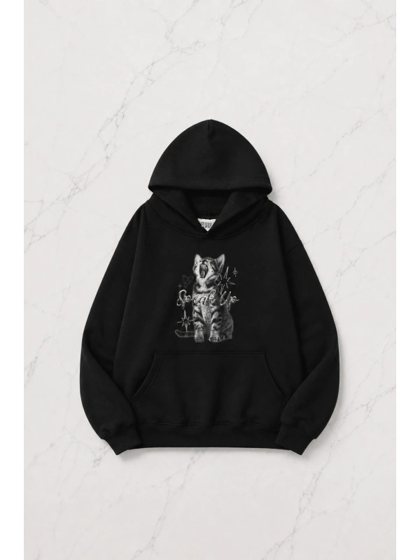 Angry Cat Siyah Kapüşonlu Oversize Unisex Sweatshirt