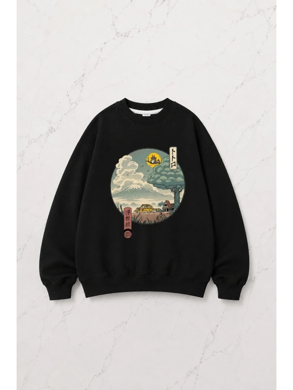 Anime Harajuku Totoro Baskılı Siyah Unisex Oversize Bisiklet Yaka Sweatshirt