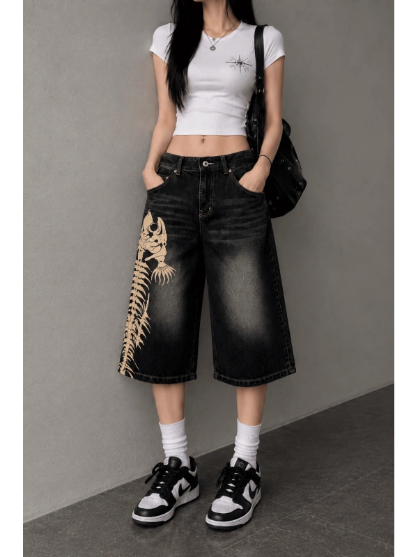 Balık İskeleti Baggy Denim Şort - Siyah
