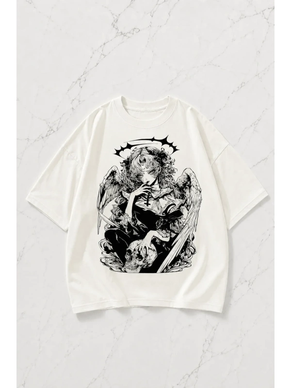 Beyaz Anime Winged Gothic Kısa Kol Oversize T-Shirt