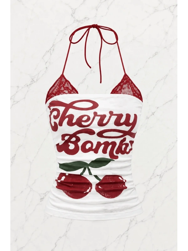 Beyaz Cherry Bomb Dantelli Ek Askılı Crop