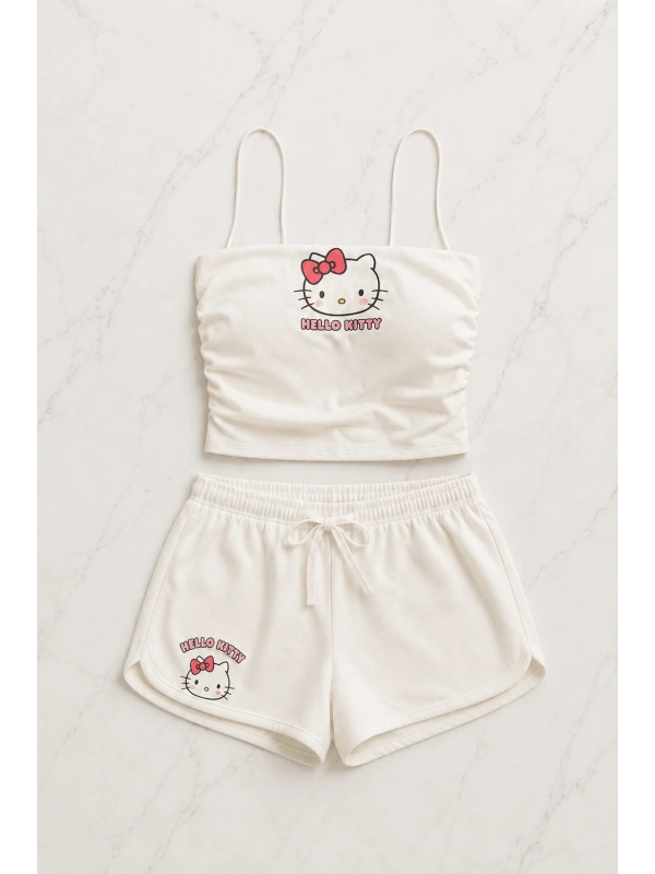 Beyaz Hello Kitty Crop Şort Alt Üst Takım