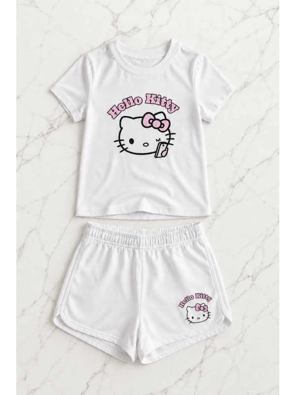 Beyaz Hello Kitty Tam Boy Bluz Şort Alt Üst Takım