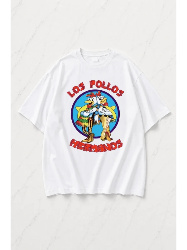 Beyaz Los Pollos Baskılı Unisex Oversize T-shirt