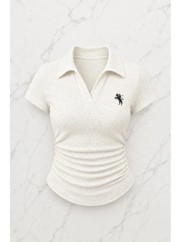 Beyaz Simli Polo Yaka Büzgülü Bluz
