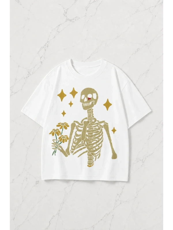 Beyaz Skeleton Kısa Kol Oversize T-Shirt