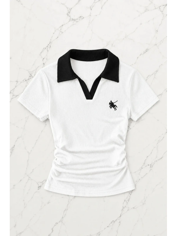 Beyaz Solo Polo Yaka Beyaz Yakalı Bluz