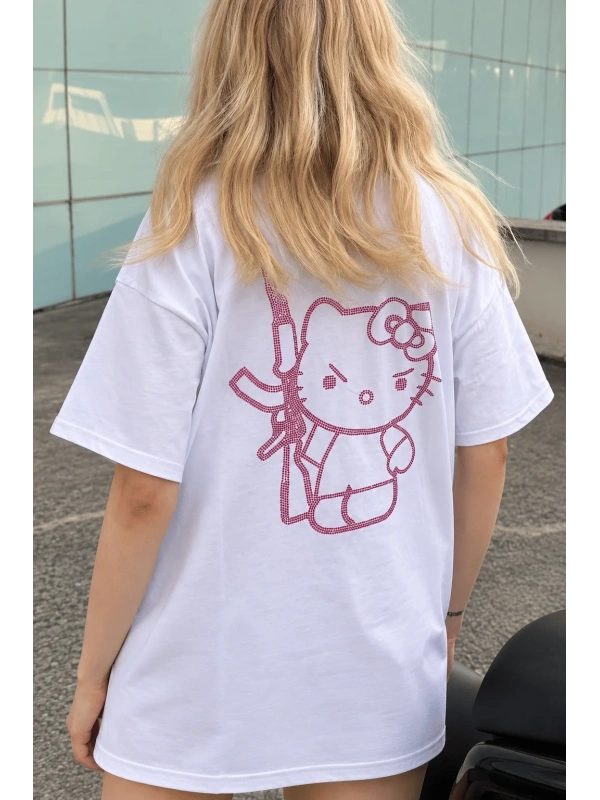 Beyaz Taşlı Hello Kitty Premium Oversize T-shirt