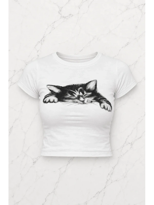 Beyaz Y2K Cat Graphic Crop