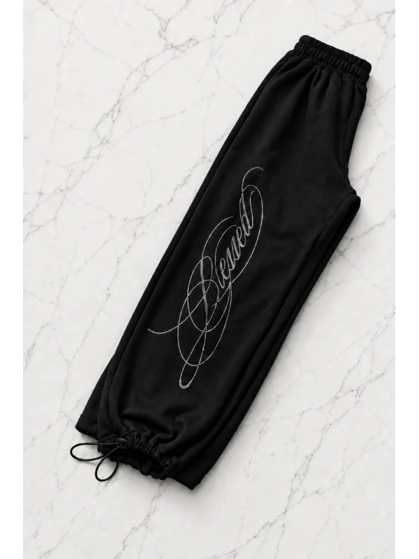 Blessed Taş Baskılı Baggy Unisex Eşofman Altı - Siyah