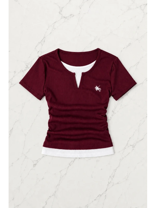 Bordo Chapter Parçalı Büzgülü Bluz