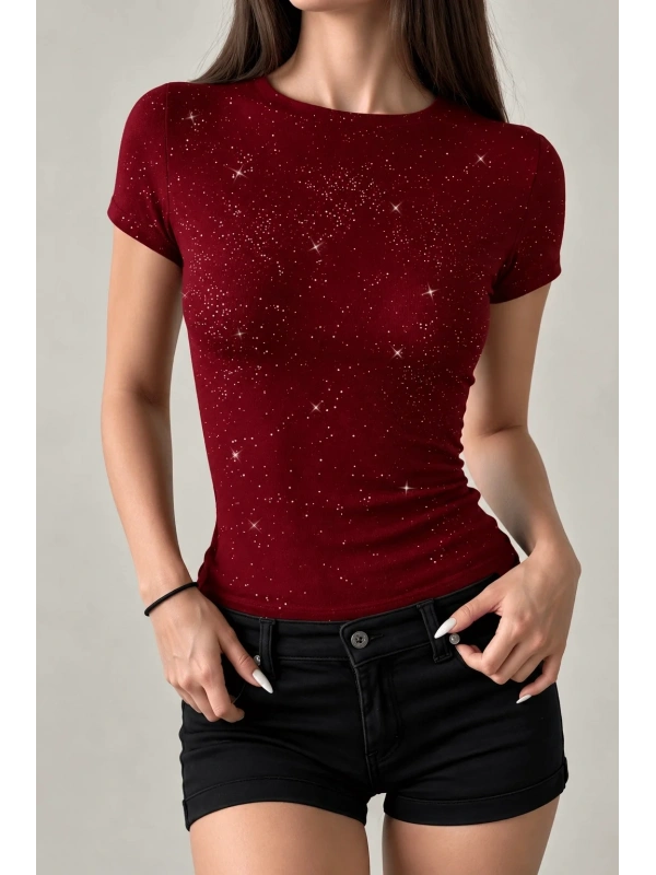 Bordo Cris Sim Detaylı Tam Boy Bluz