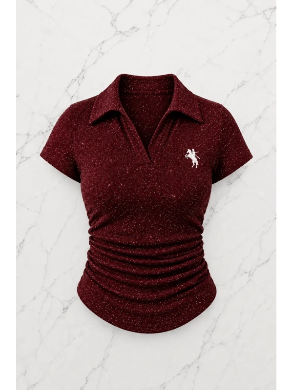 Bordo Simli Polo Yaka Büzgülü Bluz