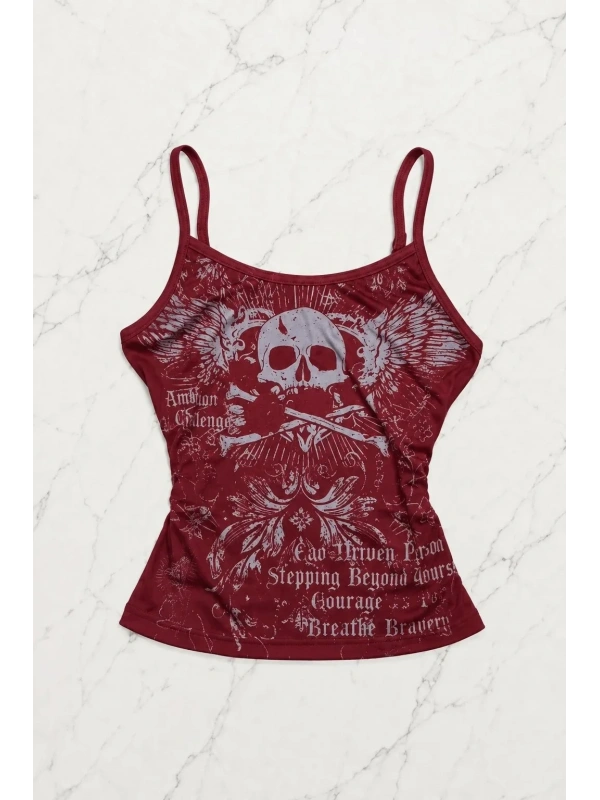 Bordo Skull Ambition Gotik Rose Y2K Askılı Crop