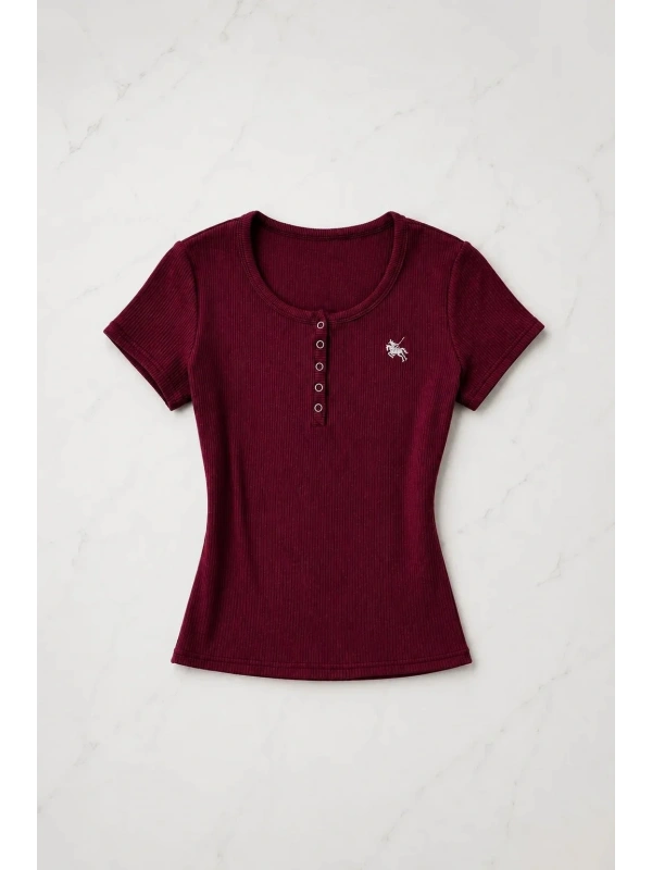 Bordo Soft Detaylı Nakışlı Çıtçıtlı Bluz