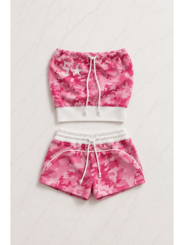 Camo Pembe Kamuflaj Straplez Şort Alt Üst Takım