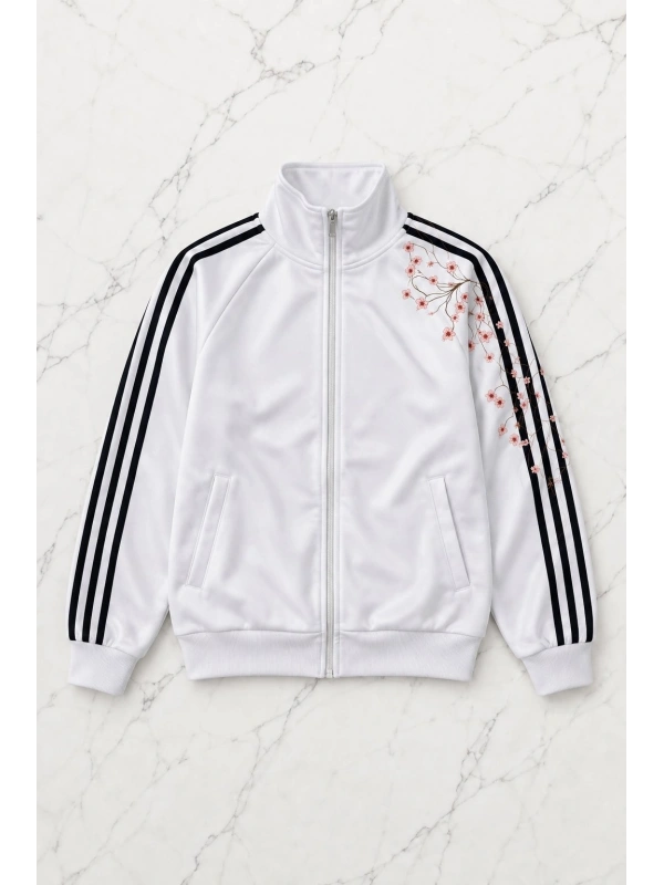 Çizgili Flower Oversize Unisex Ceket - Beyaz