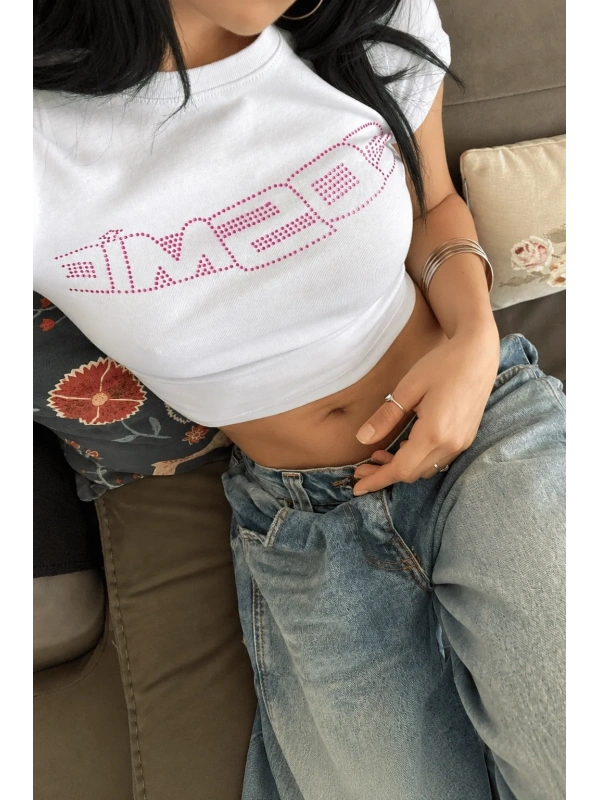 Cosmic Pembe Taş Baskılı Crop