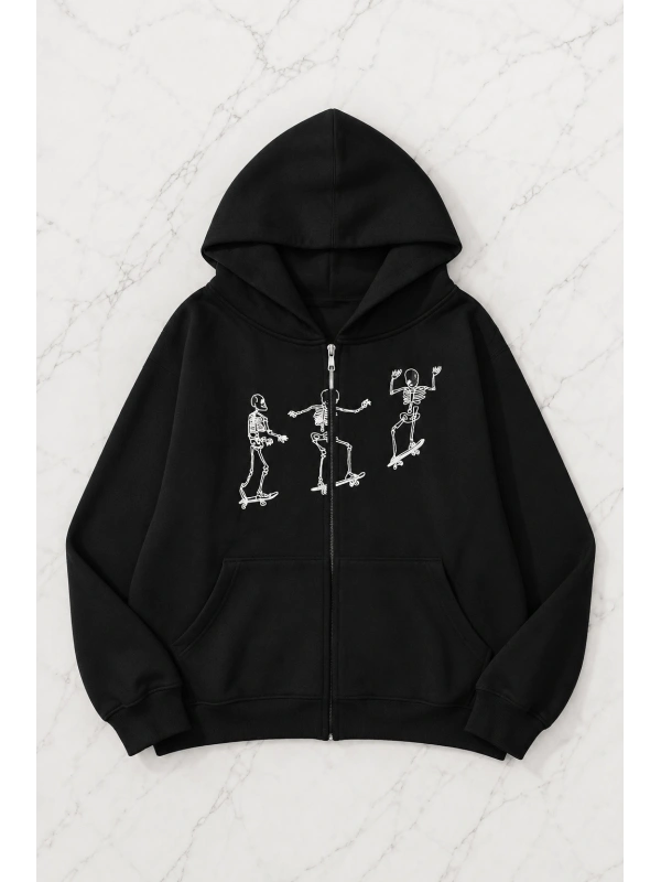 Dancing Skeleton Kapüşonlu Oversize Unisex Hırka - Siyah