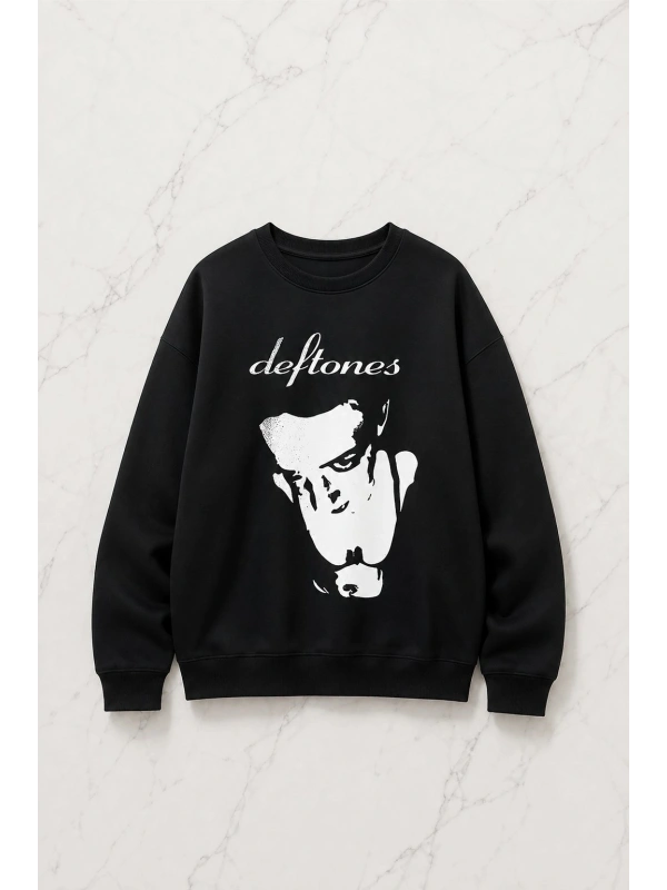 Deftones Baskılı Siyah Unisex Oversize Bisiklet Yaka Sweatshirt