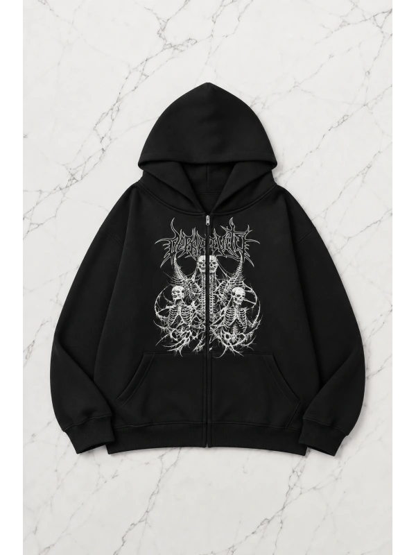 Devil Angel Cry  Kapüşonlu Oversize Unisex Hırka - Siyah