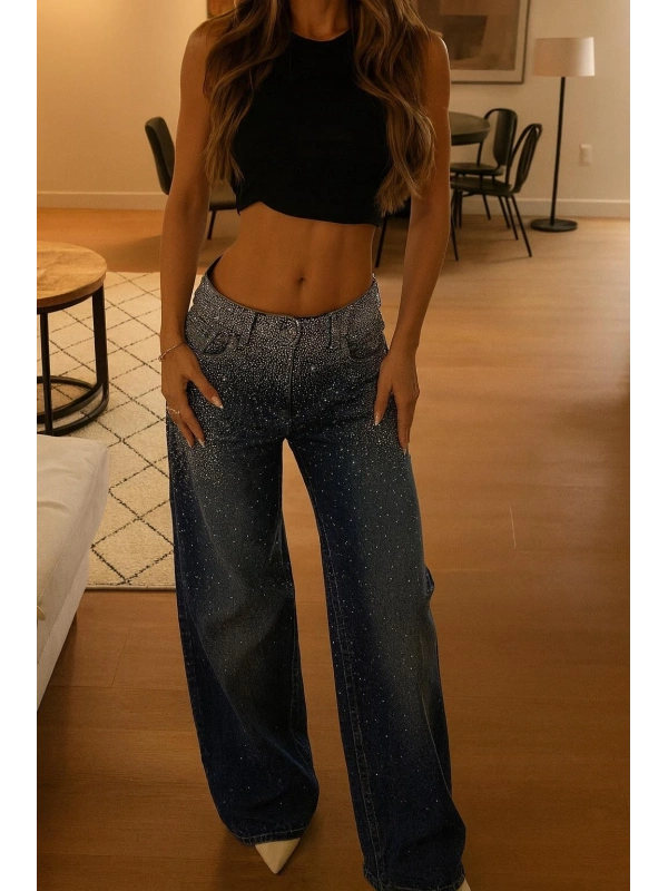Diamond Taşlı Wide Leg Jean Pantolon - Mavi