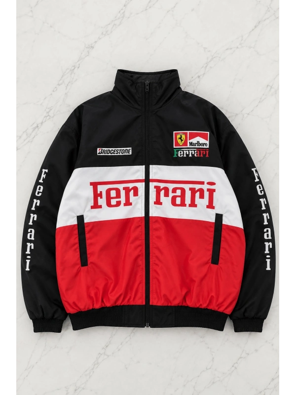 Ferrari Desenli Unisex Bomber Ceket - Beyaz