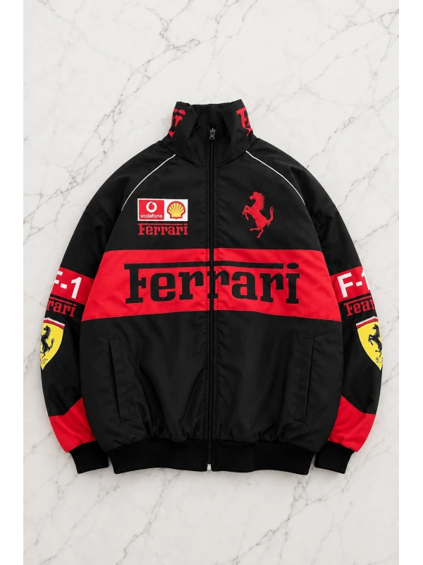 Ferrari Tech Desenli Unisex Bomber Ceket - Kırmızı