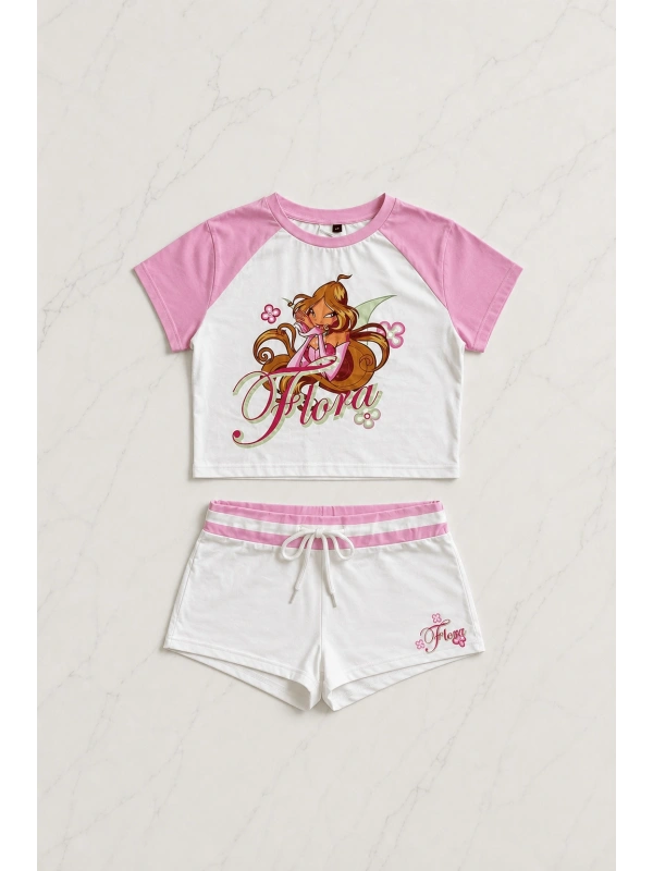 Flora Pembe Şort T-shirt Takım