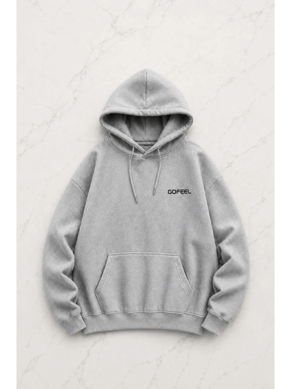 Gofeel Baskılı Premium Oversize Gri Unisex Hoodie