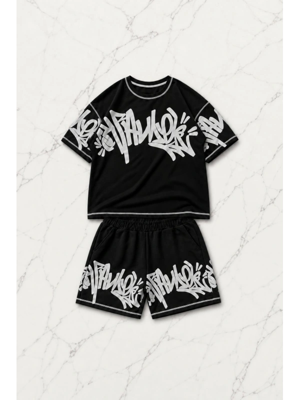 Graffiti Siyah Unisex T-shirt & Şort Takım